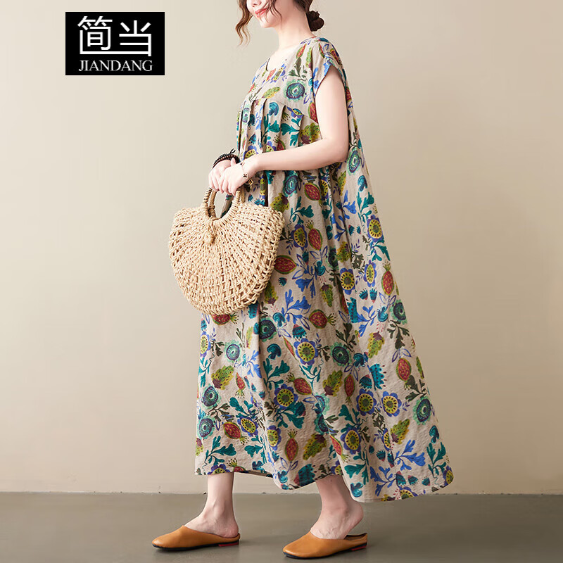 簡(jiǎn)當(dāng)（JIANDANG）大碼女裝春夏新款文藝胖MM印花寬松顯瘦遮胯連衣裙長裙女8442 果實(shí)- 8124 均碼 【200斤以下】