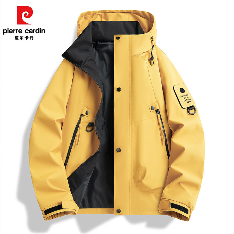 皮尔卡丹冲锋夹克男士2025春季休闲百搭宽松连帽工装外套男装 黄色 3XL