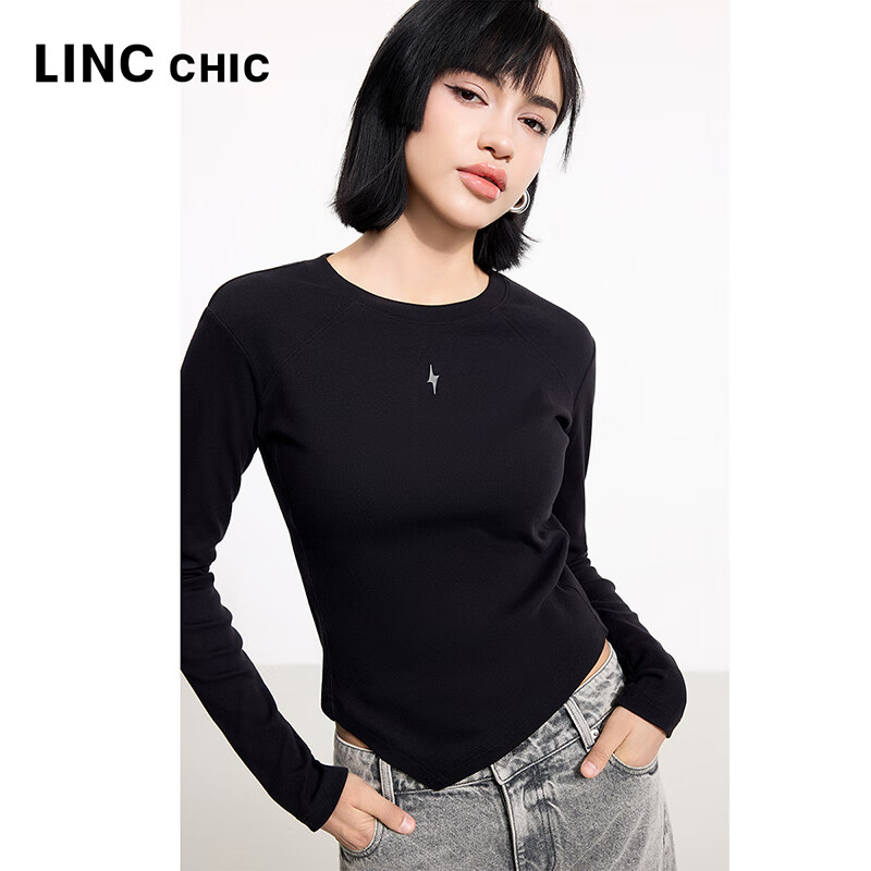 金羽杰2025年春季新品修身圆领长袖T恤女短款轻薄款内搭上衣S251FK019Y 黑色 S 适合95斤以下