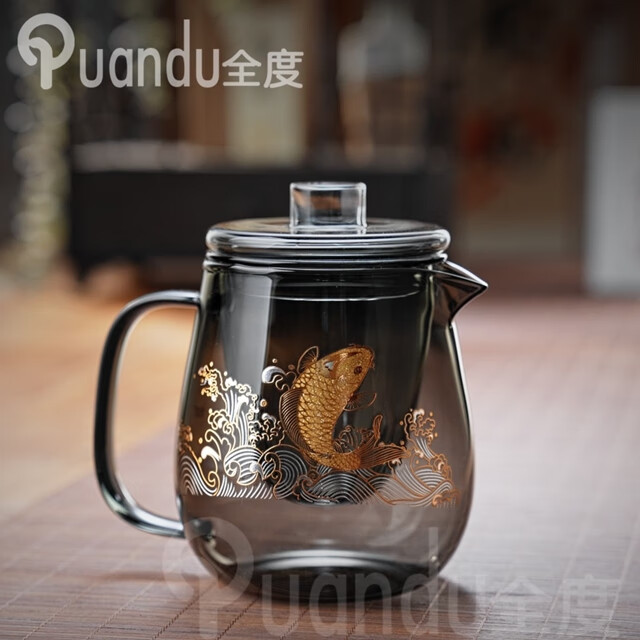 全度玻璃茶壺家用加厚耐熱帶蓋花茶壺過濾泡茶壺茶水分離壺 煙灰大企鵝【錦鯉躍龍門】