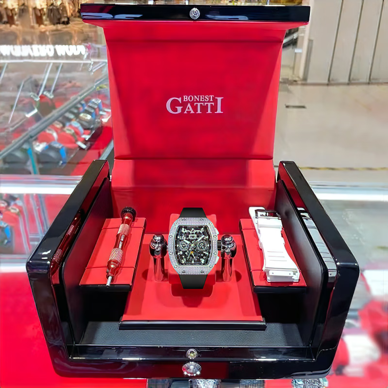 布加迪(BONEST GATTI)手表男士德国机械表全自动夜光镶钻轻奢腕表情人节新年礼物送男友 多功能月相BG5004-R1银壳黑面黑胶带