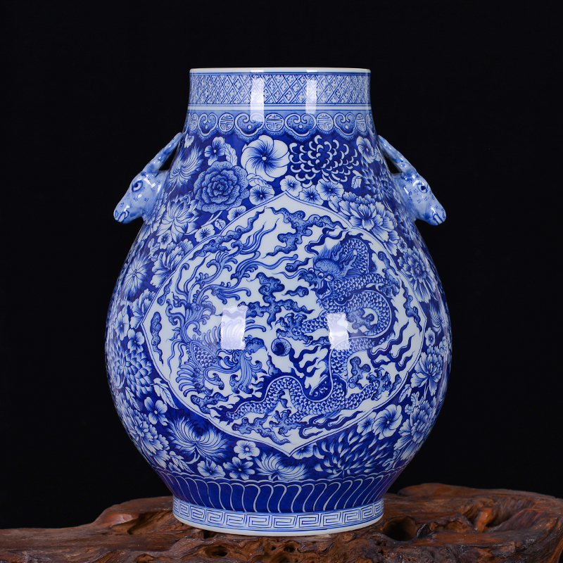 周胜堂 景德镇陶瓷器手绘青花龙凤鹿耳福筒瓷瓶 插花花瓶摆件 装饰品