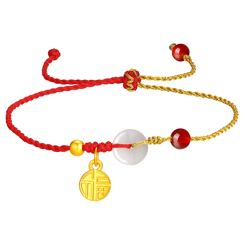 蒂蔻（Tico）足金福牌黃金手鏈女3D硬金古法金珠轉(zhuǎn)運(yùn)珠翡翠平安扣手串生日禮物