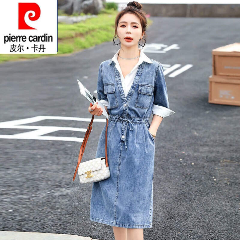 皮爾卡丹（pierre cardin）高端氣質(zhì)拼接牛仔裙連衣裙假兩件潮23年夏新款時尚減齡薄款長裙 藍(lán)色 L 【110-120斤】