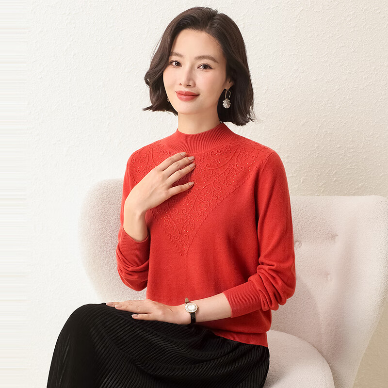 恒源祥提花烫钻纯羊毛衫女纯羊毛半高领秋冬新款女装气质打底妈妈装毛衣 KY12418丹秋桔 L /170/92A