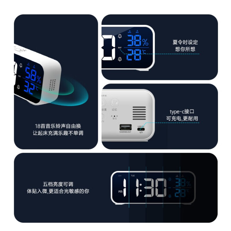 电子闹钟学生起床神器 大数字时钟 LED贪睡闹钟台钟座钟温锂电池 白色