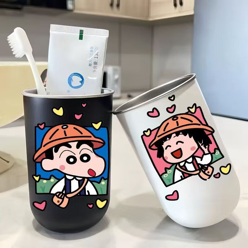 304不锈钢漱口杯轻奢高颜值洗漱杯抗菌学生小新刷牙杯牙刷杯牙缸 304不锈钢白+【蜡笔小新吃饼干】