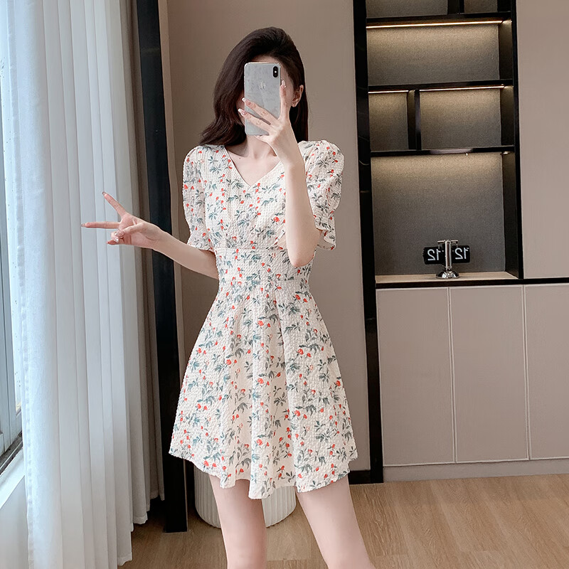 燕浔雪纺碎花小个子连衣裙2025新款女夏高腰气质漂亮时尚温柔连衣裙女 花色 S