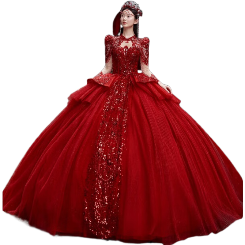 溫彌婚紗新娘主紗紅色法式風(fēng)長袖禮服2024新款質(zhì)感小個子拖尾 紅色齊地婚紗 加三件套 XS 80斤左右