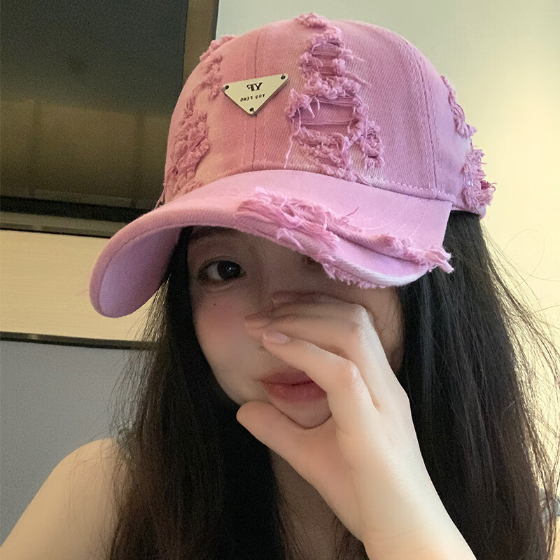 KDCOSS美式破洞大头围棒球帽女夏季做旧磨毛透气宽帽檐显脸小鸭舌帽子男 玫粉色 M (56-58cm)