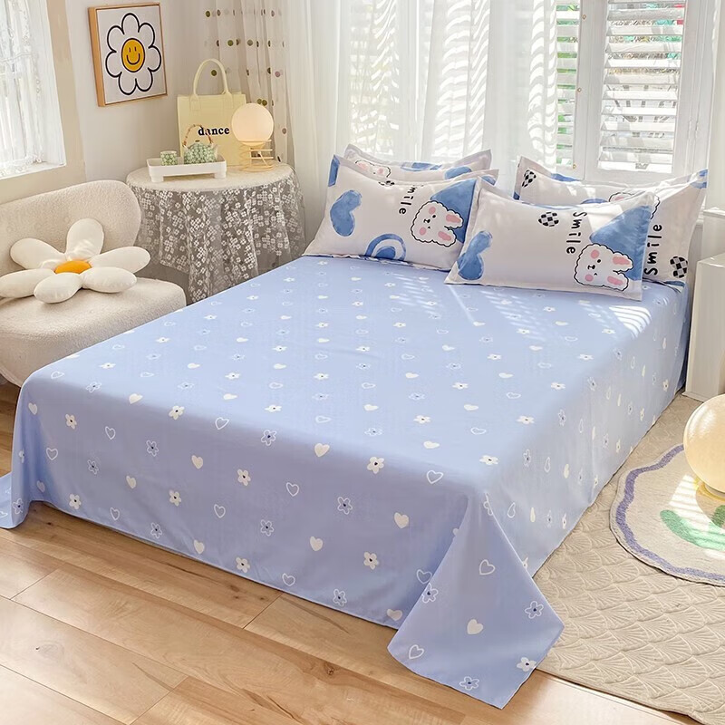 软贝 小清新四件套 透气亲肤 印花卡通简约田园套件被套床单床上用品 甜心小熊 床单款 1.2m三件套(被套150*200cm