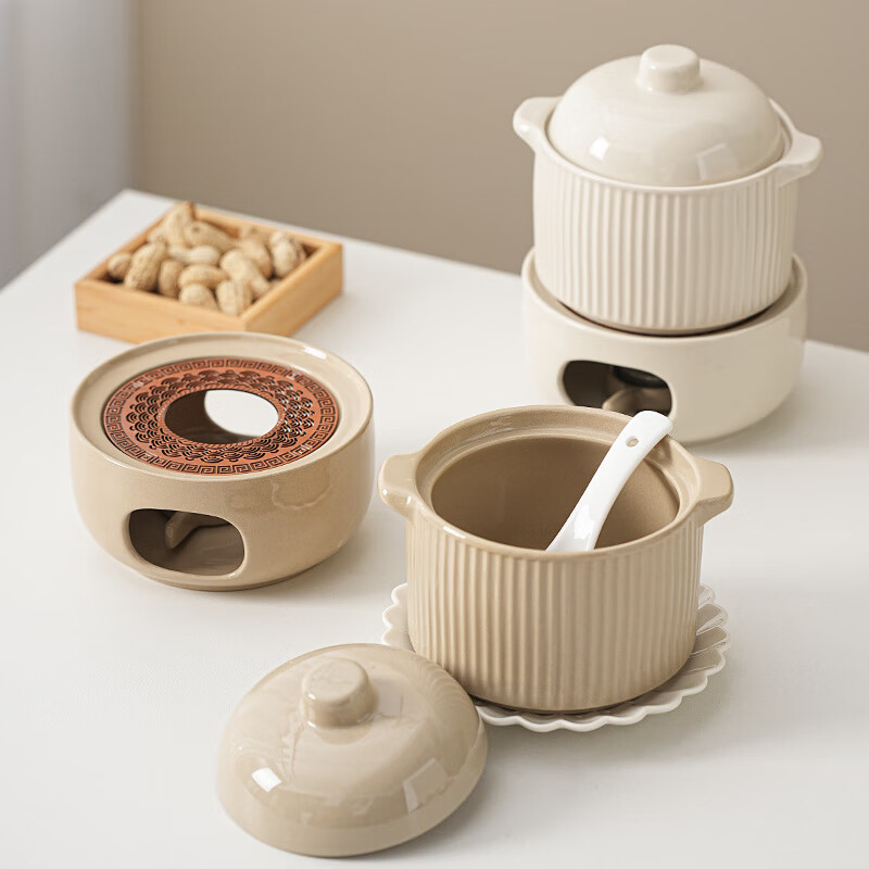 LZJV瓦罐煨汤沙县小吃商用保温底座配保温炉老式炖罐家用炖盅陶瓷带盖 炖盅-奶白色【l】 45000cm