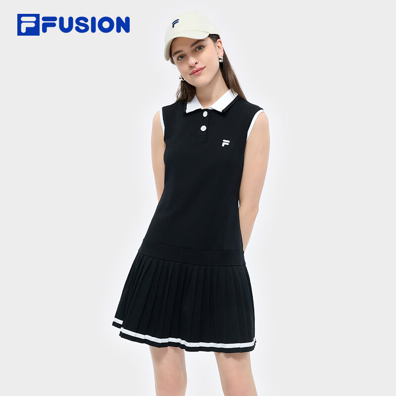 FILA FUSION斐樂潮牌女子針織連衣裙2025夏季新款無袖百褶連身裙 正黑色-BK M 165/84A/M