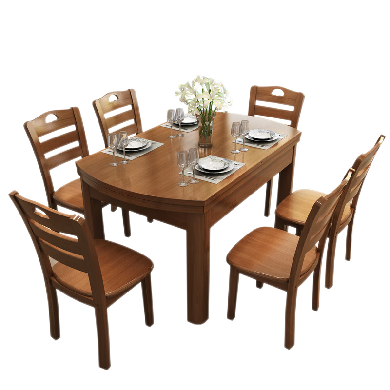 实木餐桌中小户型简约组合家用吃饭桌子长方形西餐桌新中式餐桌饭桌吃饭桌子实木餐桌椅组合伸缩折叠圆桌方桌 深胡桃色(电梯送货到家) 1.5米一张桌配6椅