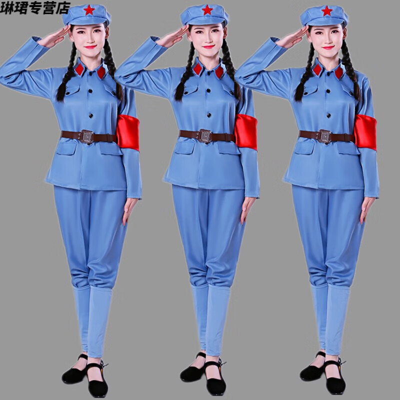 演出服装八路军衣服65式军装男女款红色娘子军 蓝色红军腿套款八角帽
