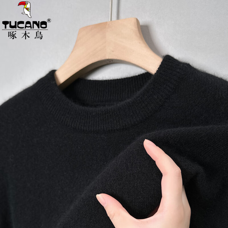 啄木鸟长袖毛衣男圆领纯色加厚男士针织衫冬季中年宽松非羊保暖毛衫绒衫 黑色 加厚 3XL (185) 推荐170-185斤
