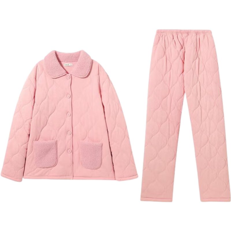 達爾麗睡衣冬季女新款三層夾棉加厚保暖珊瑚絨夾層純色家居服套裝可外穿 T8237102-065-中粉 L
