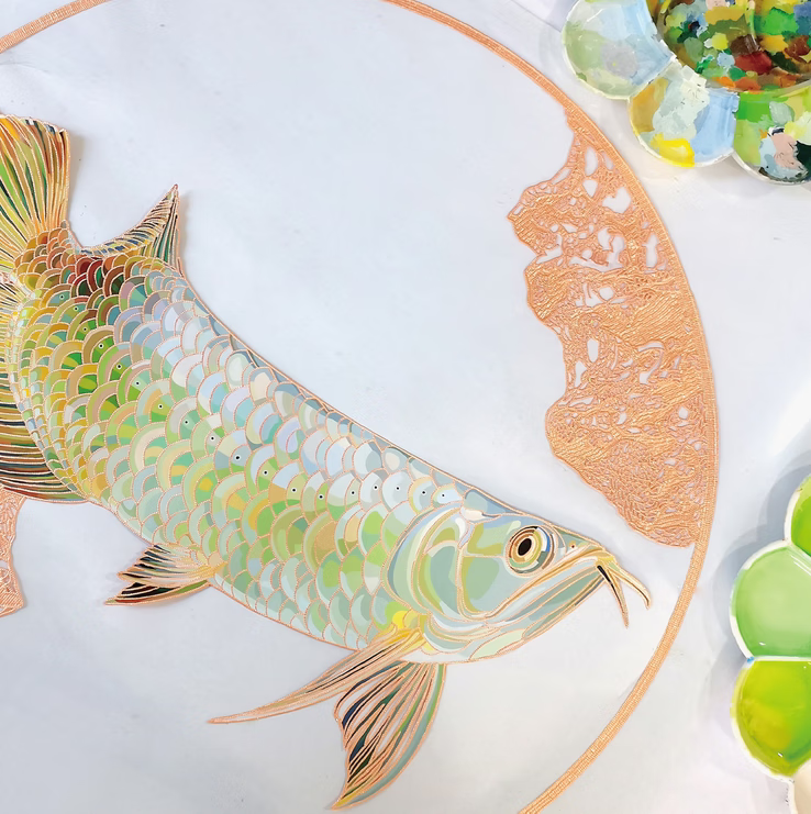 ywzr非遗文化佛山铜凿剪纸银角凤麟纯手工文创工艺品装饰商务 浅绿色