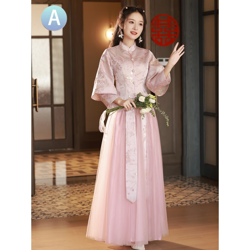 云翔四海伴娘服禮服出租賃2024新款秋冬季中式婚禮姐妹團伴娘服感小眾 HZ522粉色A款出租 L