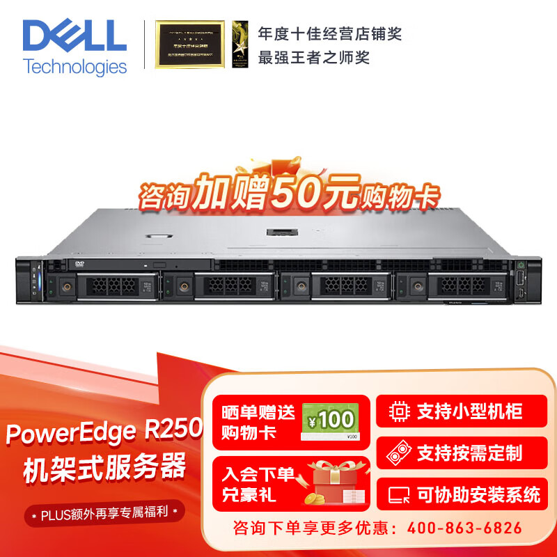 DELL 戴尔 PowerEdge R250 1U机架式服务器 8G内存/1TB硬盘/三年联保