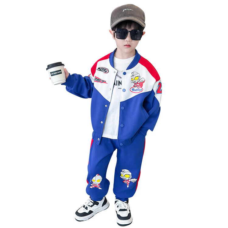 G.duck联名奥特曼衣服男童套装春秋2025新款拼接连帽儿童卫衣裤子两件套 奥特曼机车服藏青 110 （建议身高100cm 4-5岁）cm