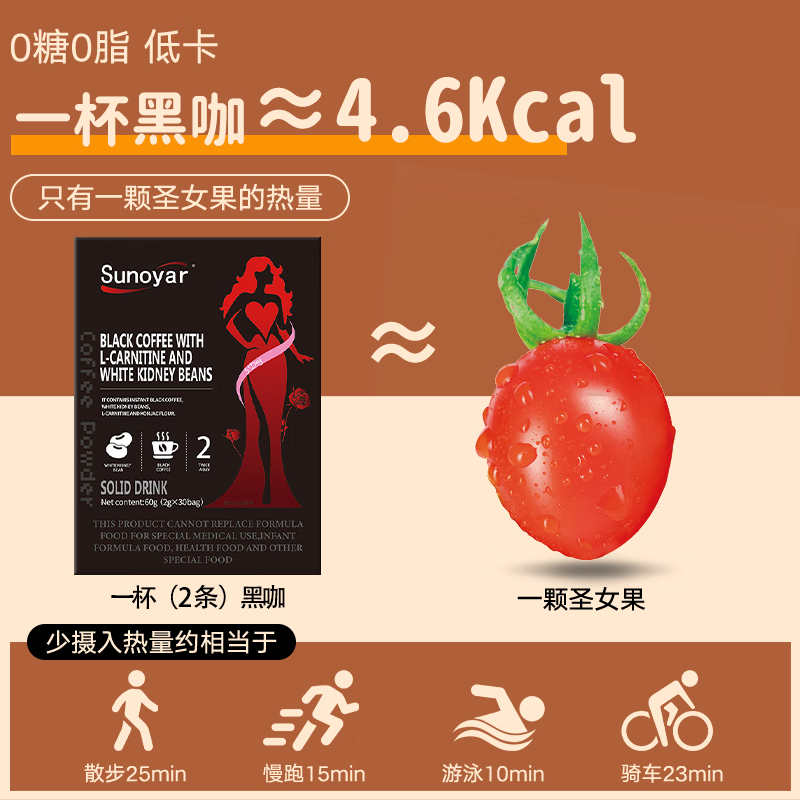 Sunoyar左旋肉碱白芸豆速溶黑咖啡0糖0脂0卡减肥运动阻碳水健身搭档代餐 1盒装【预估掉5-10斤快速提代谢】搭蓝帽咖啡