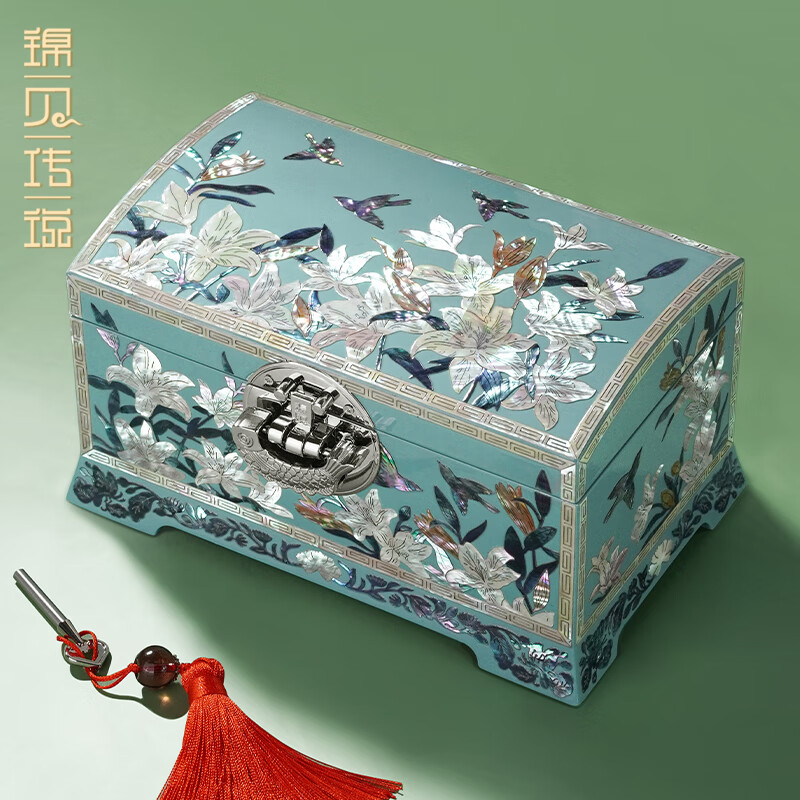 錦貝傳說螺鈿漆器首飾盒項(xiàng)鏈?zhǔn)直硎骤C戒指收納盒高檔實(shí)用禮盒包裝 百合雙層魚鎖首飾盒櫻藍(lán)