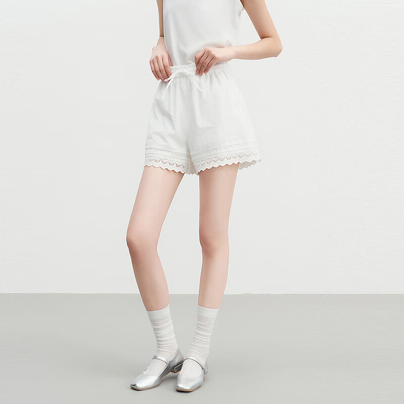 乐町A版花边短裤2025夏新款松紧腰阔腿裤显瘦小个子休闲百搭裤子 亮白（现货） L