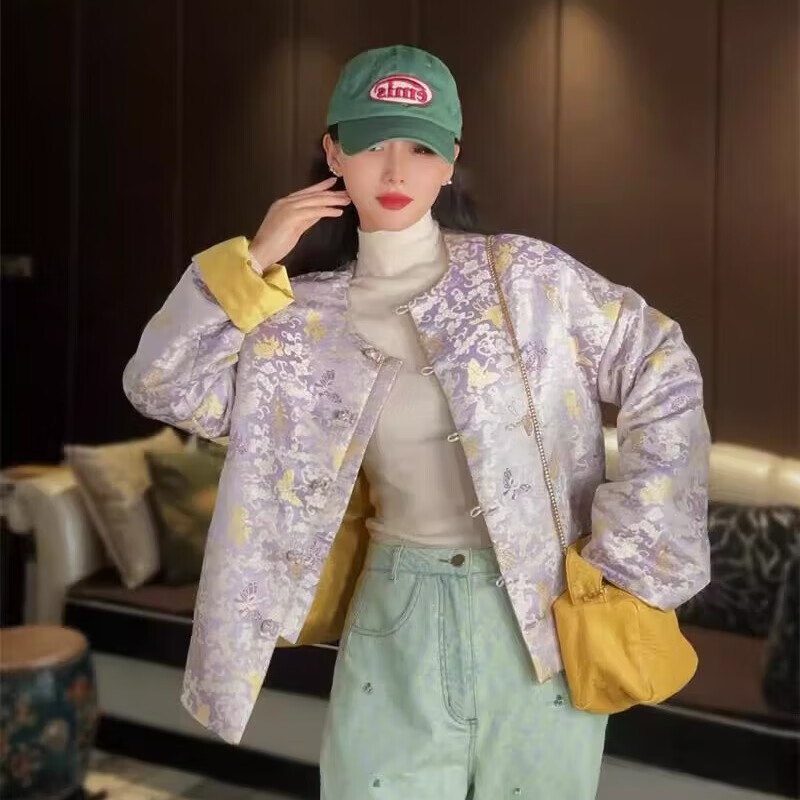 花影妖妖紫金提花真絲醋酸新中式兩面穿棉服女圓領(lǐng)對襟撞色百搭外套F6077 紫花/黃色 XL