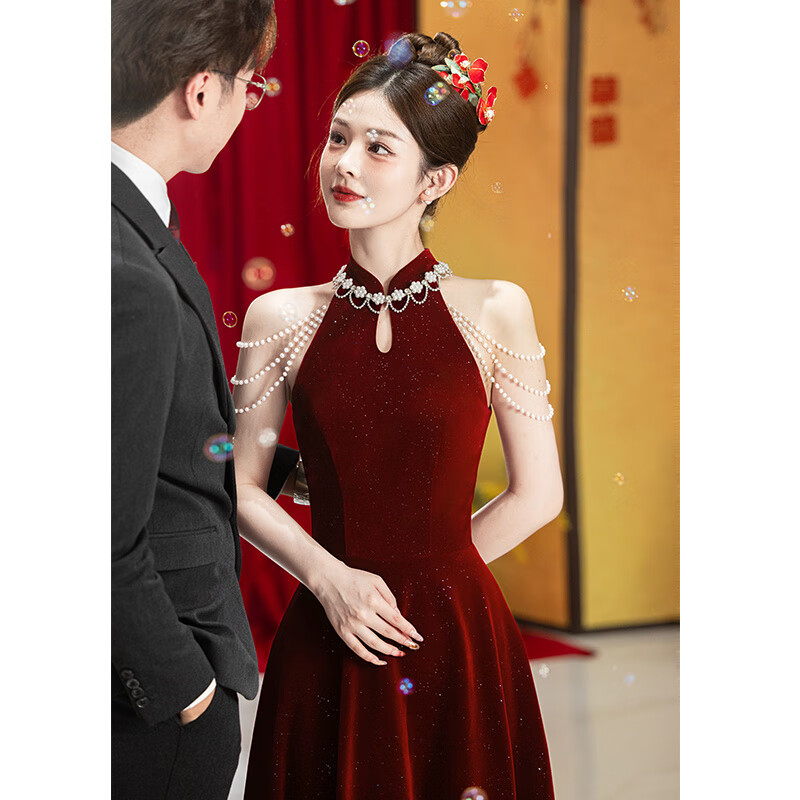 留沁【店鋪】酒紅色敬酒服新娘結(jié)婚訂婚主持宴會(huì)氣質(zhì)晚禮服裙女2025新 酒紅色長(zhǎng)款 M