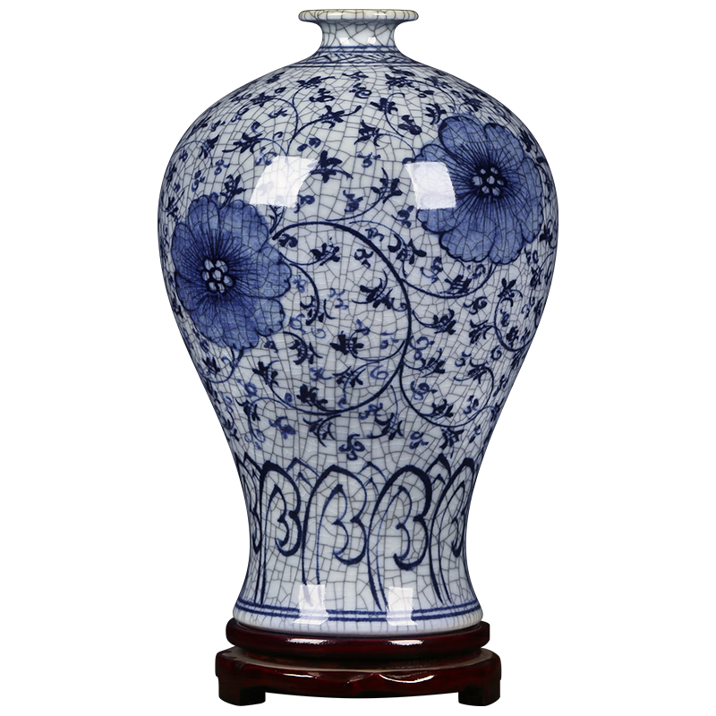 傲世景德鎮(zhèn)陶瓷器仿古中式青花瓷花瓶工藝品客廳擺件博古架辦公室裝飾 大手繪官窯裂紋梅瓶+底座+證書
