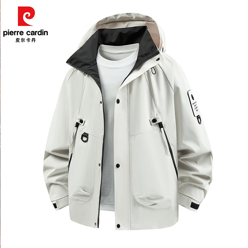 皮尔卡丹户外冲锋外套男春秋新款跑步外套防泼水夹克登山服男开衫连帽上衣 黑色 4XL