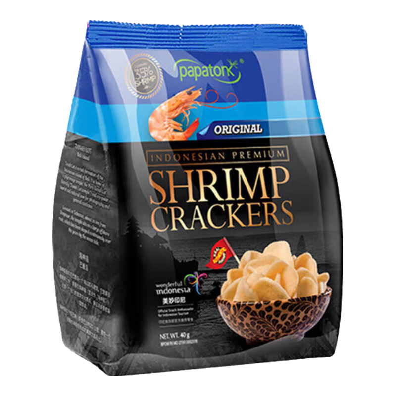 啪啪通（Papatonk）印尼進口啪啪通蝦片 番茄冬陰功海苔原味休閑食品膨化零食小吃 原味40g*3袋