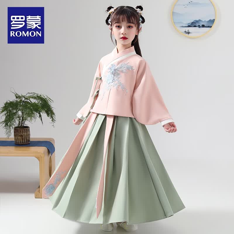 罗蒙女童汉服连衣裙儿童唐装中国风小女孩古装襦裙夏季款毕业演出服 HA1004粉绿色袄裙 110