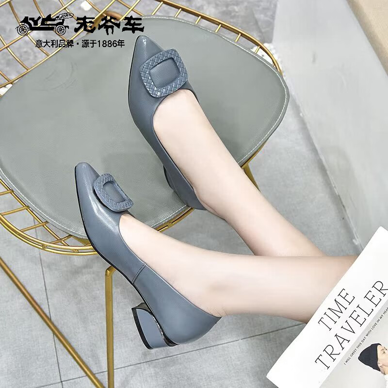 老爷车轻奢2025真皮浅口低跟尖头女鞋百搭软皮工作鞋 蓝色粗跟 34