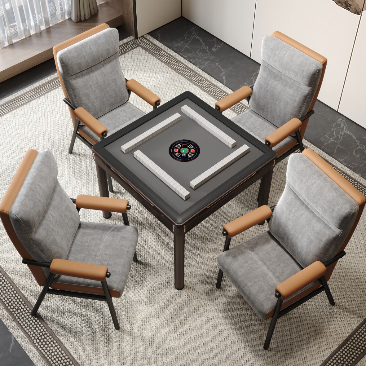 西班高档轻奢棋牌室麻将机沙发会议高靠背专用家用久坐舒服铁管餐椅子 熔岩橙+灰色 一套四把