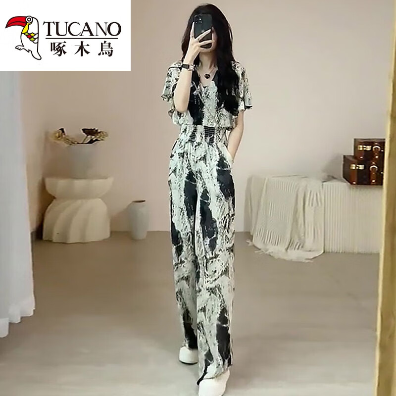 啄木鳥感水墨畫復(fù)古短袖別致連體褲女2025夏季新款高腰顯瘦闊腿長(zhǎng)褲 247-【圖片色】 L 【建議105-115斤】