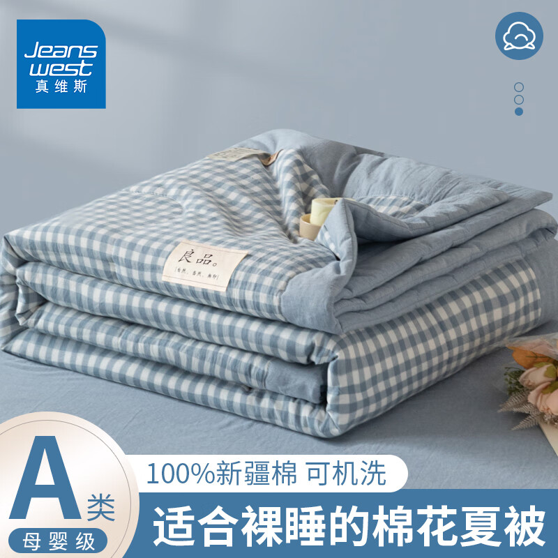 真维斯A类水洗棉夏被空调被可水洗薄款夏凉被芯单双人宿舍春秋棉花被子 蓝小格 180x220cm单人夏被