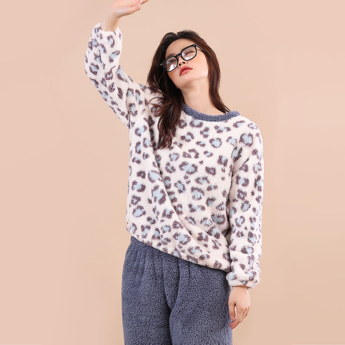 顶瓜瓜睡衣女珊瑚绒冬季加绒加厚法兰绒休闲女士家居服套装 ADL  斑点蓝 L 【建议100-120斤】