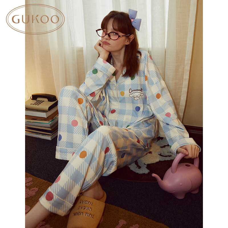果壳（Gukoo）情侣睡衣春秋款卡通满印翻领男女士情侣家居服内衣套装睡衣女A 女士-大耳狗套装 100%棉 M
