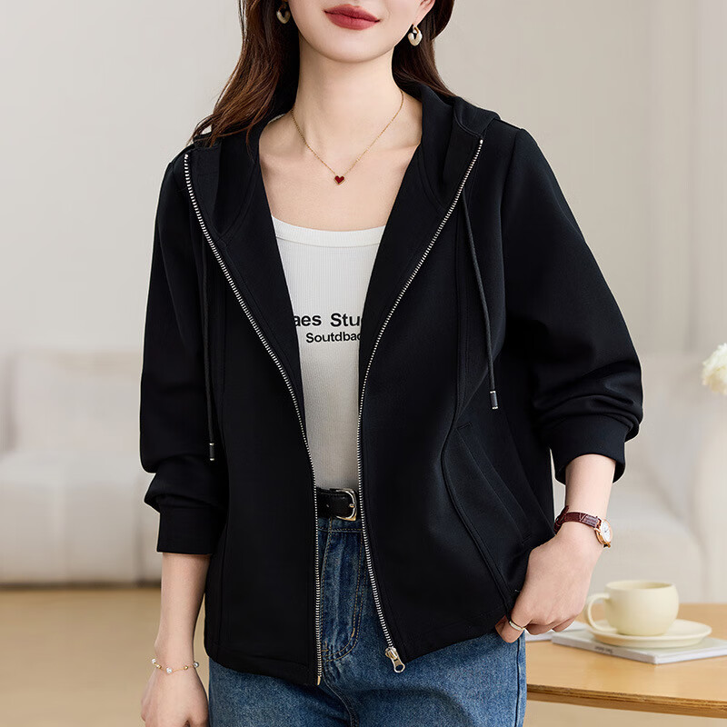 苏盈珈可连帽开衫女士卫衣外套春秋薄款2025新款春季时尚洋气灰色 黑色 M