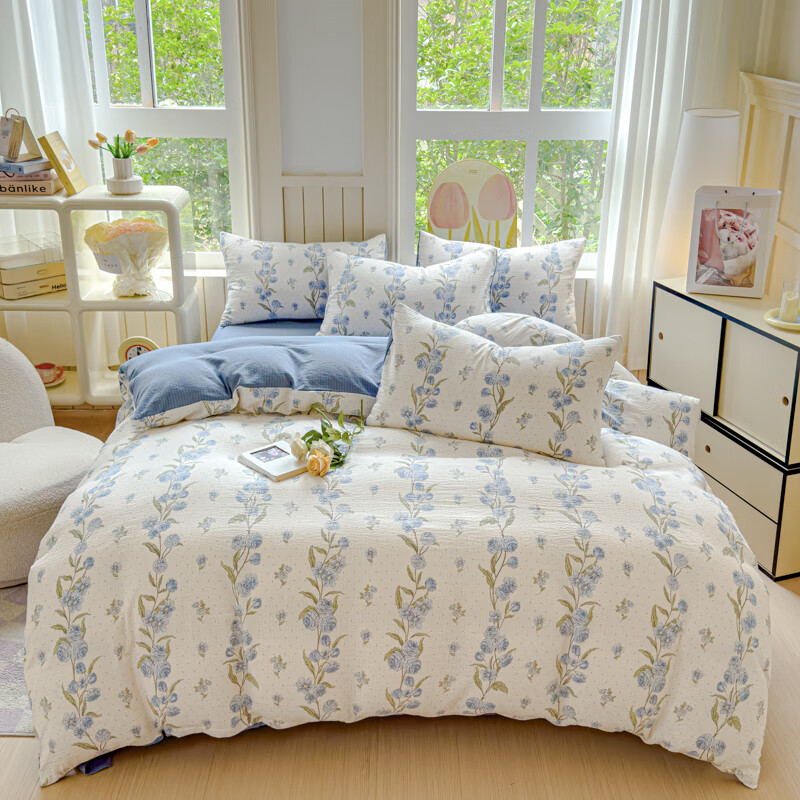 多兰诗（Duolanshi）A类小清新有氧提花四件套亲肤透气宿舍单双人春夏四件套 暗香蓝 1.8米 床单款 被套200*230 四件套 京东折扣/优惠券