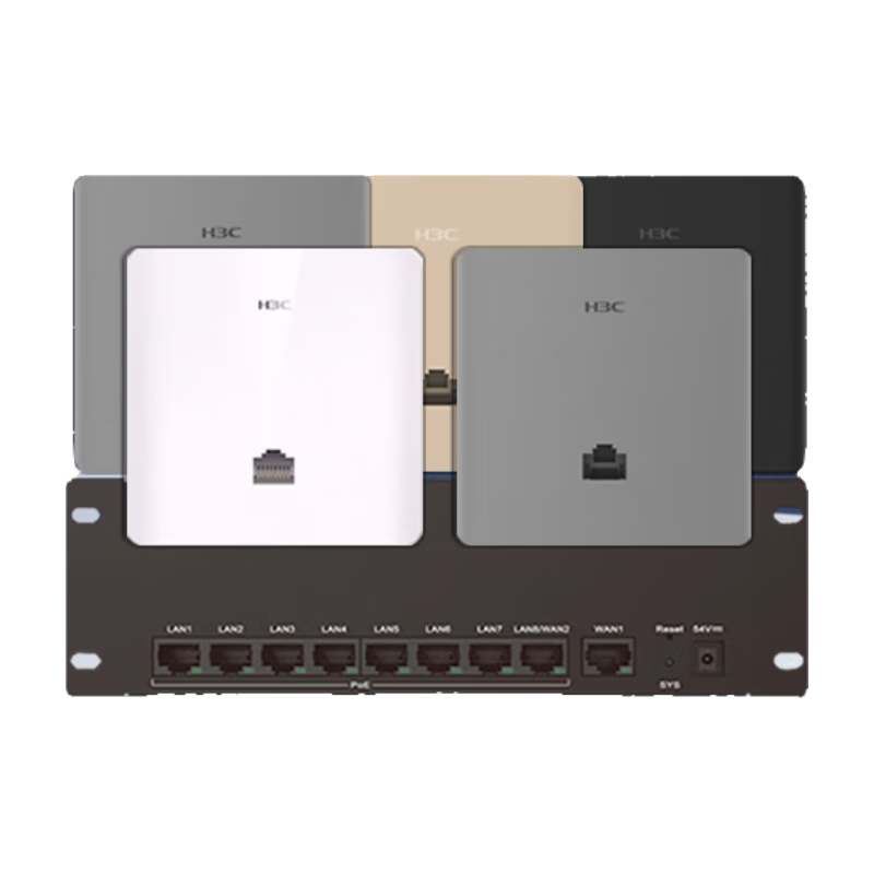 H3C新華三H9套裝3000M千兆端口雙頻86型wifi6無線ap面板嵌入墻壁式ac+ap路由器智能家居全屋wifi覆蓋 9口POE路由器+3000M面板AP*5 備注顏色
