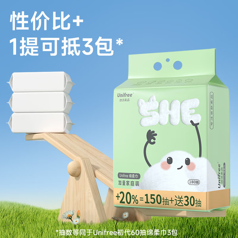 【16.9包邮】unifree 悬挂式一次性珍珠纹洗脸巾 180抽*1提