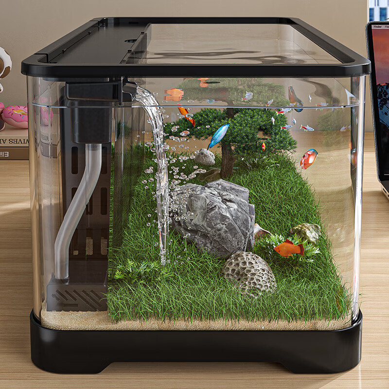 宠小岛鱼缸小型客厅2025新款过滤制氧一体机桌面家用生态造景金鱼背滤缸 【40经典黑·AS塑料】过滤氛围套餐