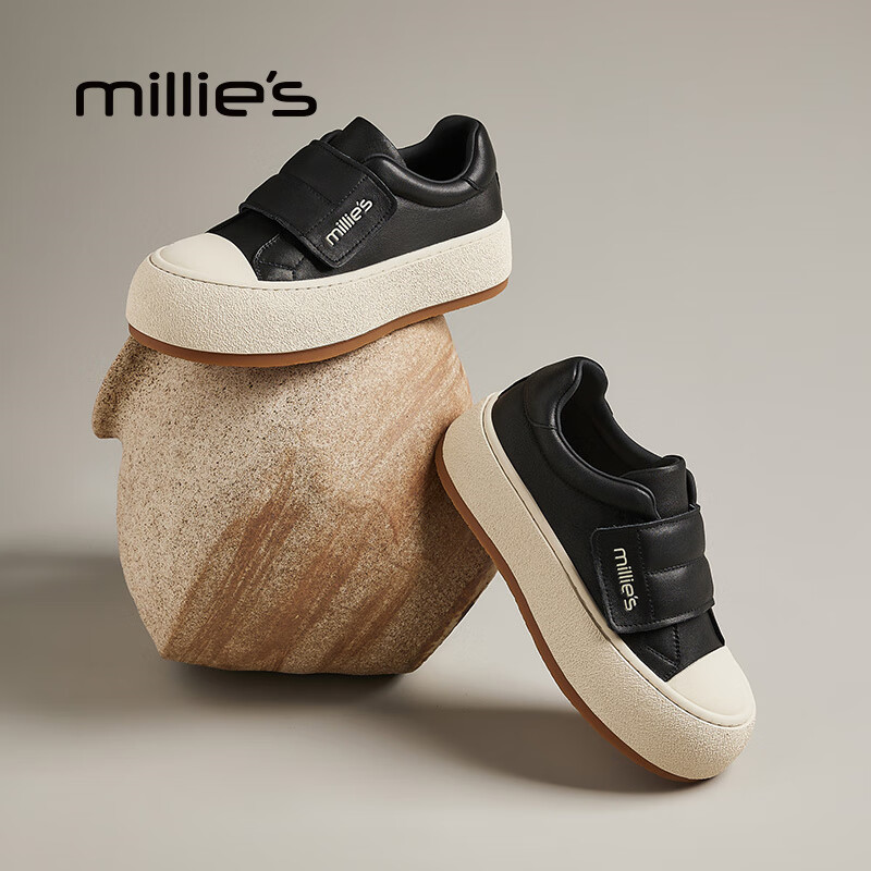 妙丽板鞋女厚底魔术贴浅口小白鞋2025春季新款时尚休闲百搭 黑色 36 (230mm) 标准码