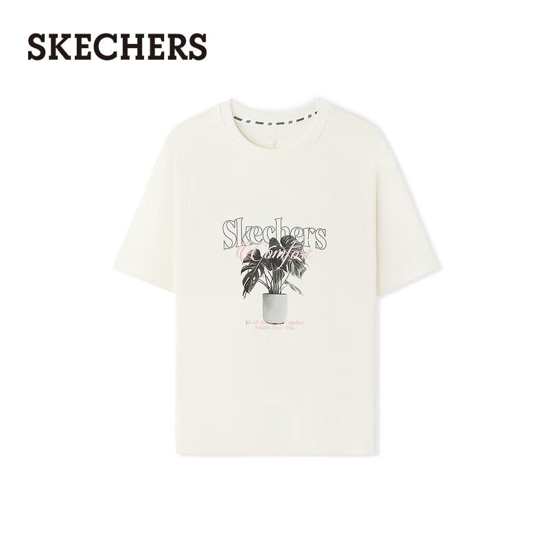 斯凯奇（Skechers）男女同款针织短袖时尚百搭T恤衫打底衫L225U063 棉花糖白/0074 M