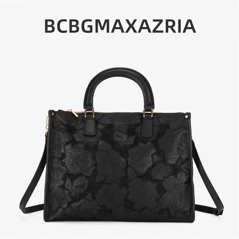 BCBG Max Azria【头层牛皮玫瑰雕花】手提女包轻奢大牌托特包2026新款单肩斜挎包 黑色(京仓直发)