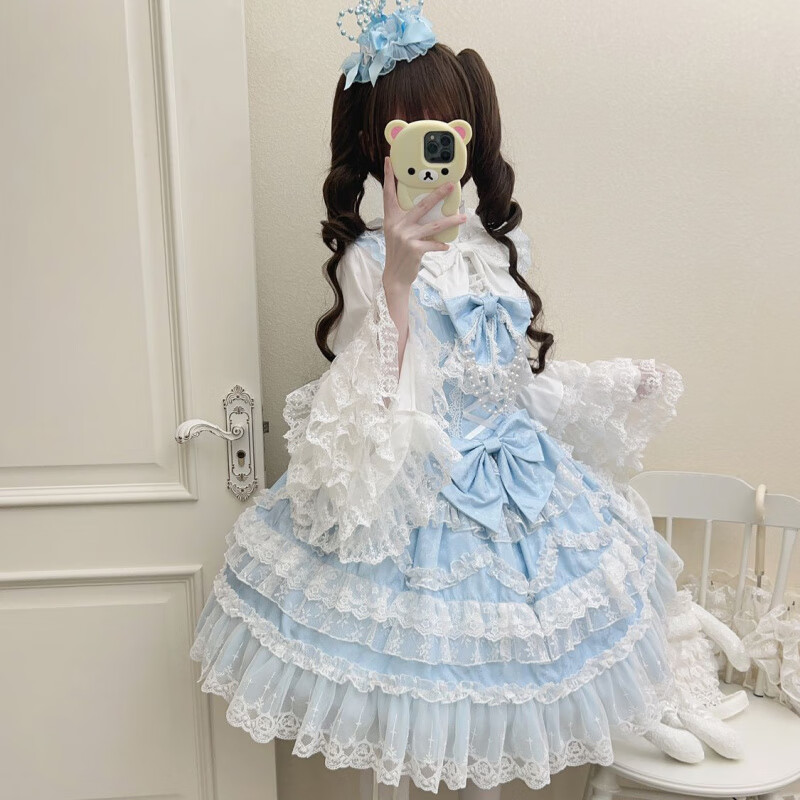 闪动少女（SHANDONGSHAONV）洛丽塔lo萝莉塔 原创设计Lolita洋装doll感jsk吊带连衣裙春季 蓝色jsk+尾翼+白内搭+飞机盒 S