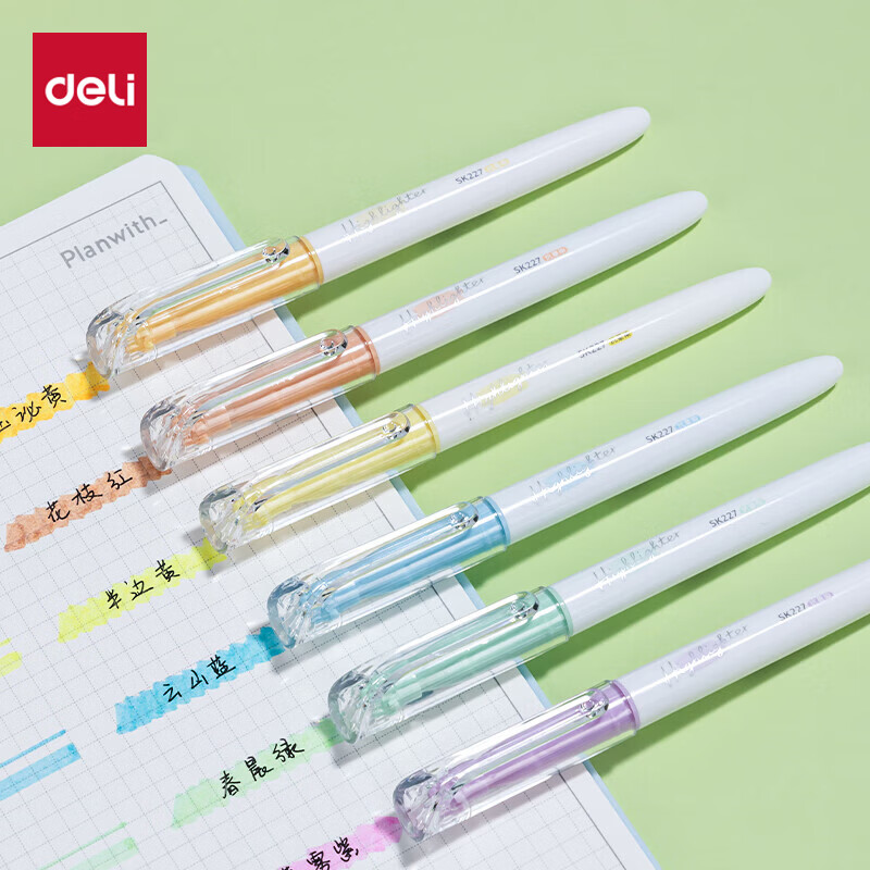 得力（deli）不易晕染荧光笔  霁月色系考试复习划重点标记学生文具马克笔记号笔手账绘画涂鸦 6支/盒SK227